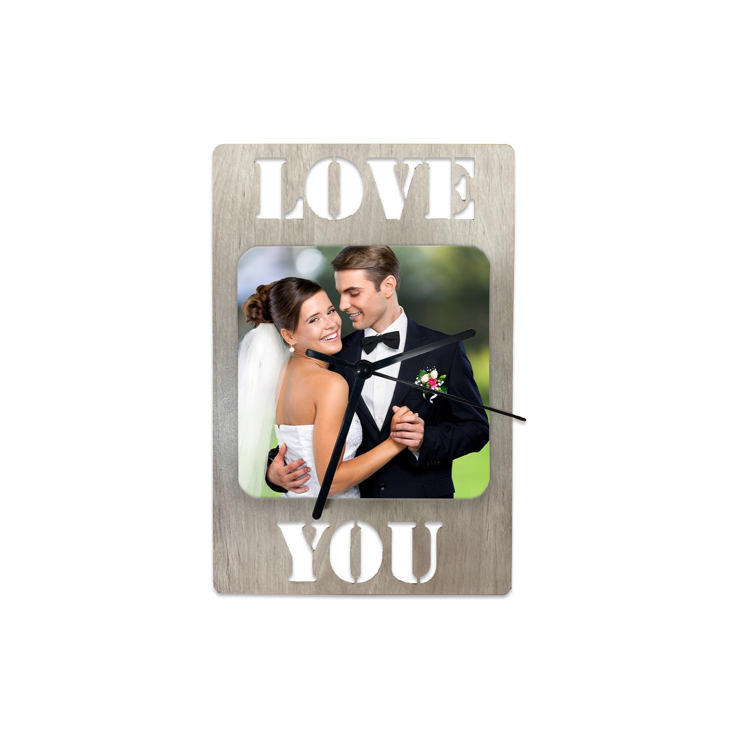 Wooden photo frame with 'Love You' text and a couple in formal attire.