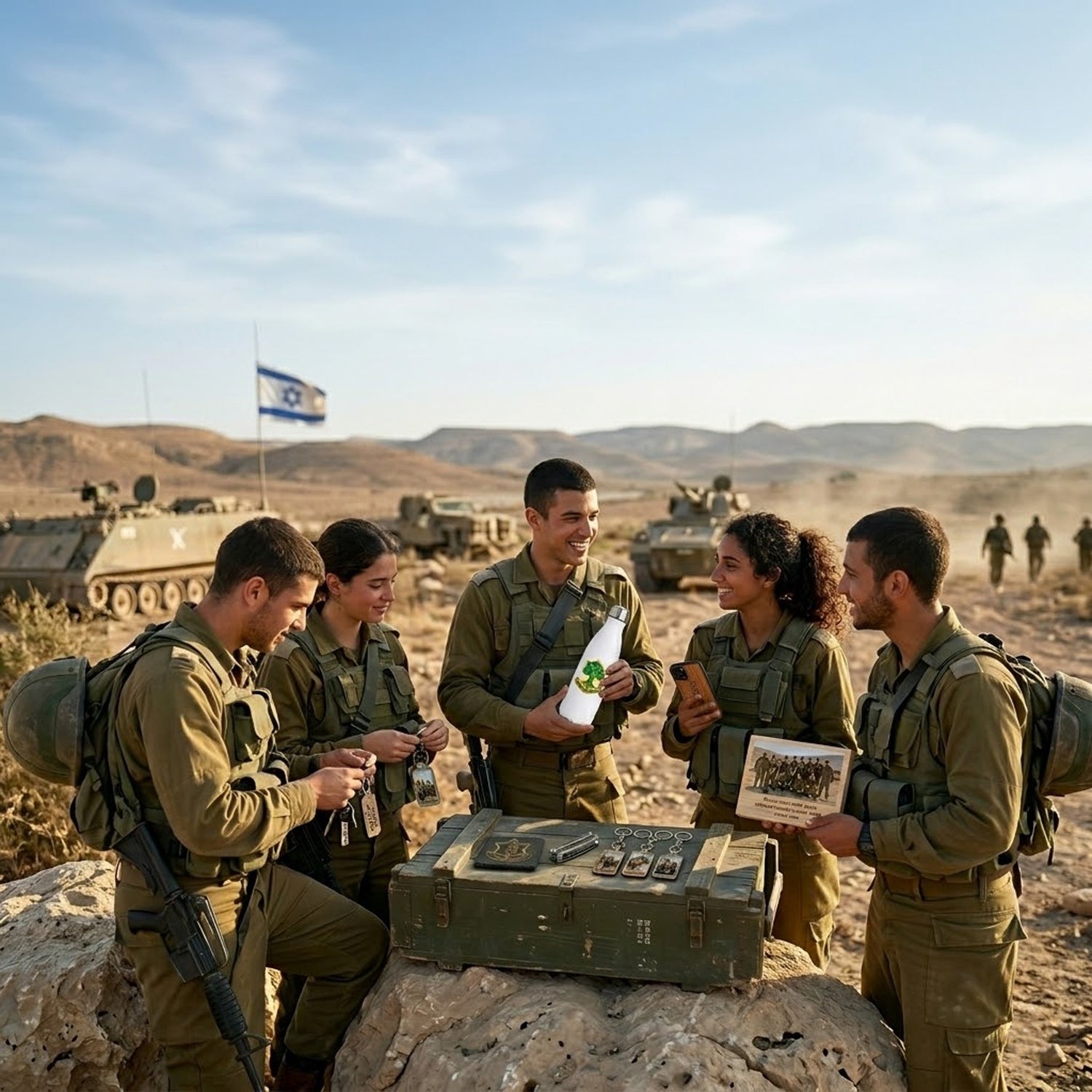 קבוצת חיילים וחיילות צה"ל בשטח מחזיקים בקבוק לבן עם סמל גולני, מחזיקי מפתחות ובלוק עץ בעיצוב אישי - מתנות לחיילים של Gift4print
