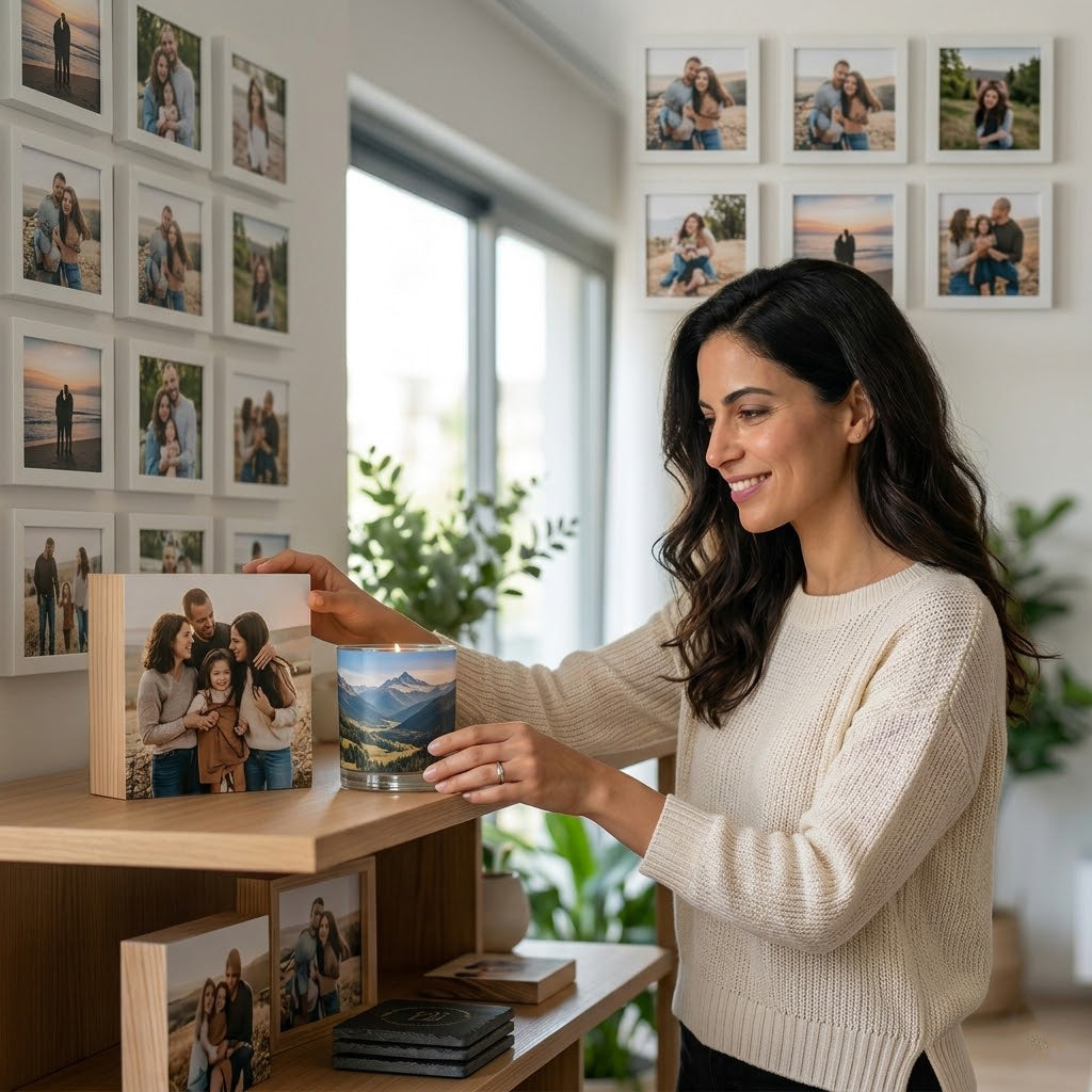 אישה מחייכת מעצבת מדף עץ עם בלוק עץ משפחתי ונר מודפס בעיצוב אישי, ברקע קיר תמונות בסגנון אינסטגרם - פריטי דקורציה ועיצוב הבית של Gift4print