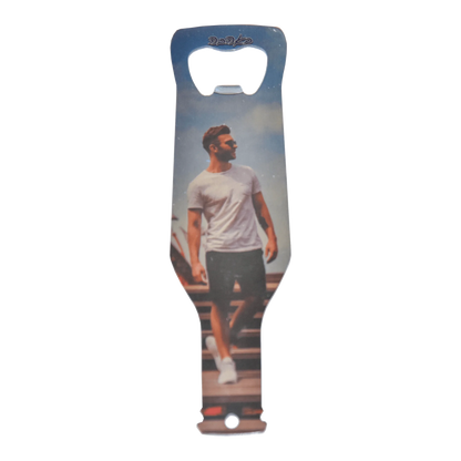 Bottle opener with a printed design of a man on a white background