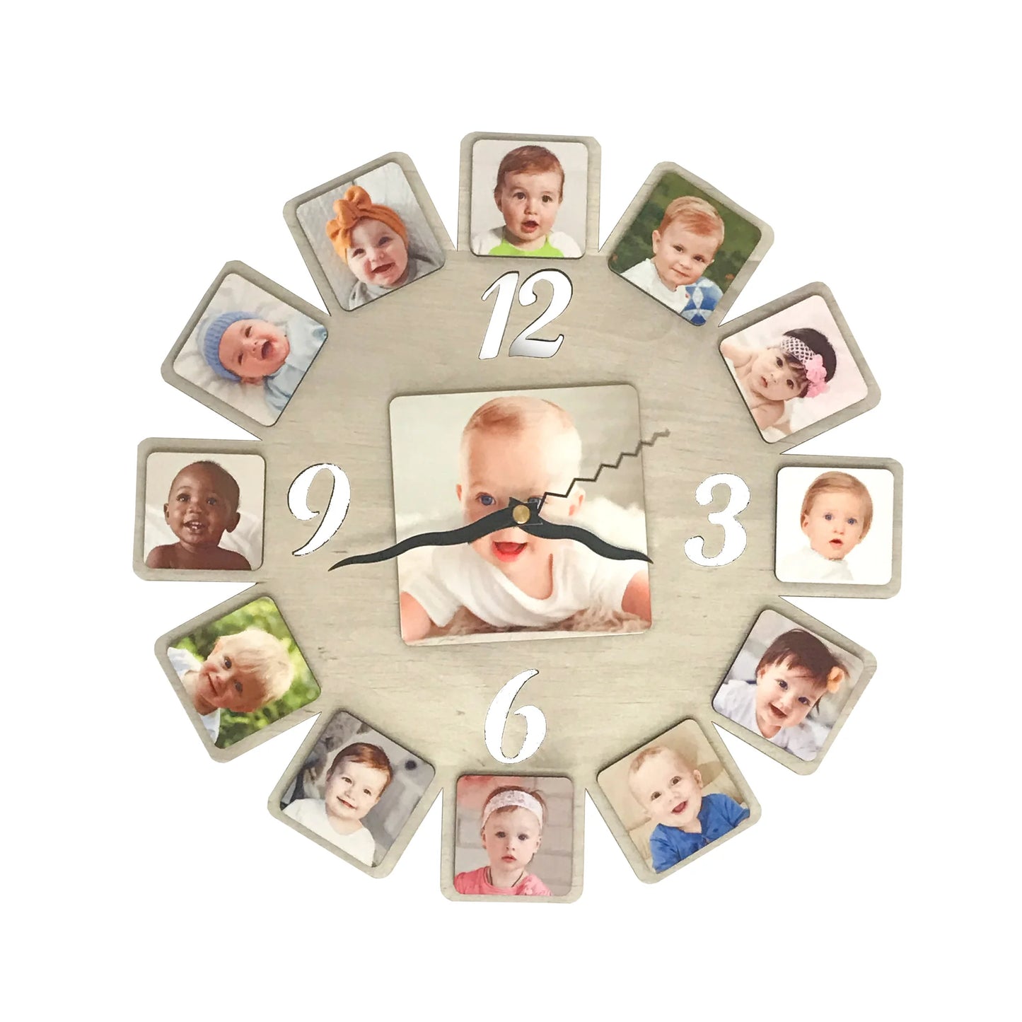 שעון קיר מעץ בעיצוב אישי עם 13 תמונות