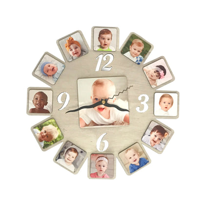 שעון קיר מעץ בעיצוב אישי עם 13 תמונות