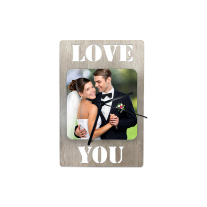 Wooden photo frame with 'Love You' text and a couple in formal attire.