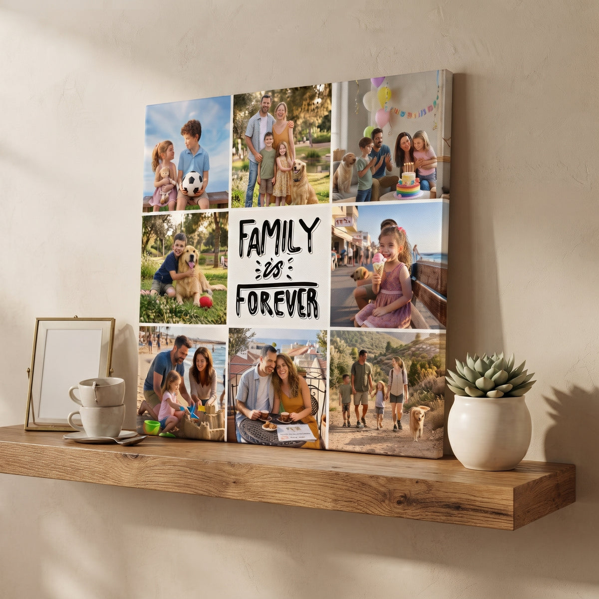 הדפסת קנבס משפחתית בעיצוב קולאז' 8 תמונות "Family is Forever" מבית Memogifty. קנבס מרובע עם כיתוב טיפוגרפי מרכזי מוקף בתמונות מחוויות משפחתיות שונות, כולל ילדים, מבוגרים וכלבים, מונח על מדף עץ.