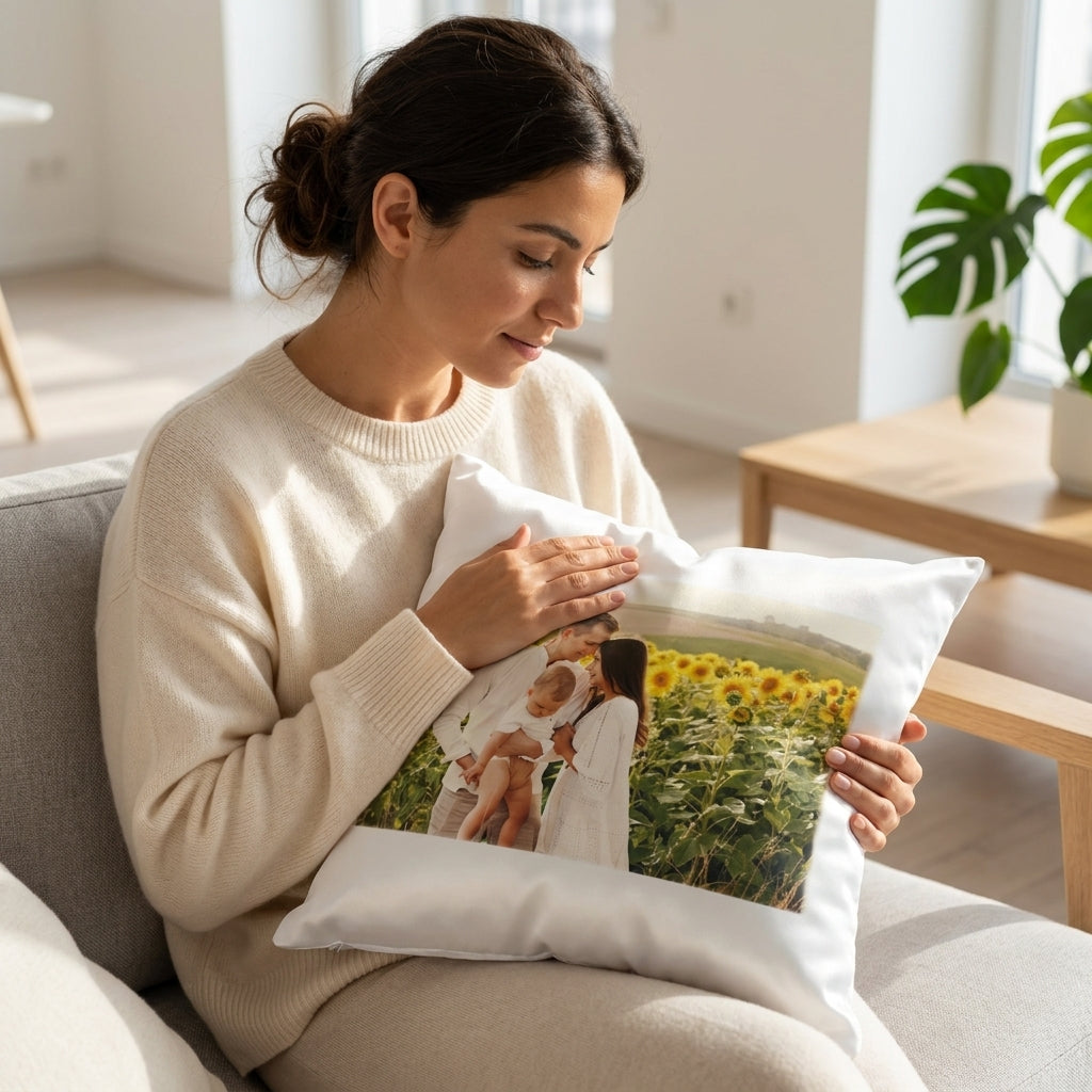 Woman holding a pillow with a printed design of a couple in a field of sunflowers.
