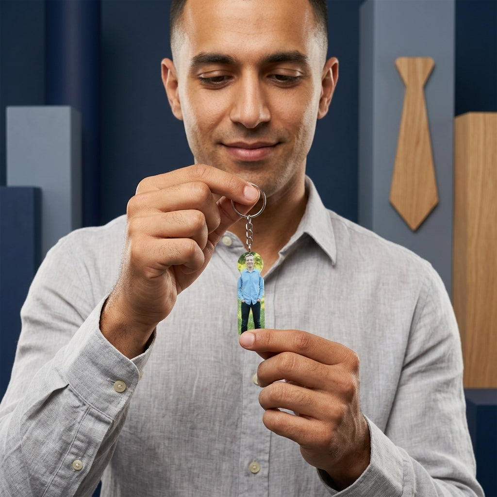 Man holding a keychain with a small figure of a person in a blue shirt against a neutral background.