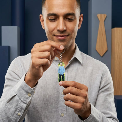 Man holding a keychain with a small figure of a person in a blue shirt against a neutral background.