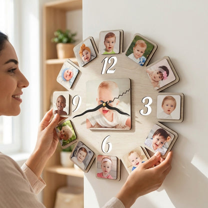 שעון קיר מעץ בעיצוב אישי עם 13 תמונות