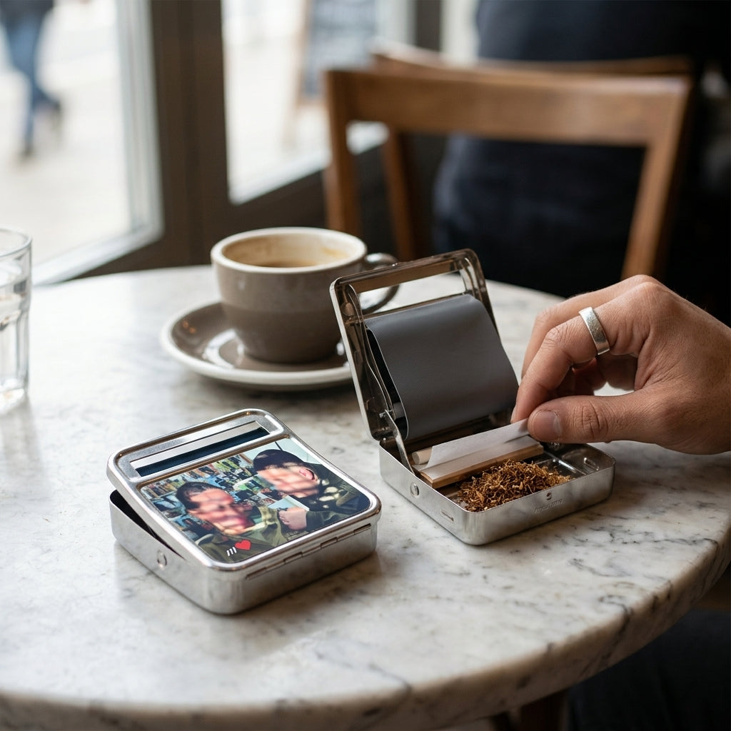 Person opening a small metal case on a marble table with a cup of coffee in the background.