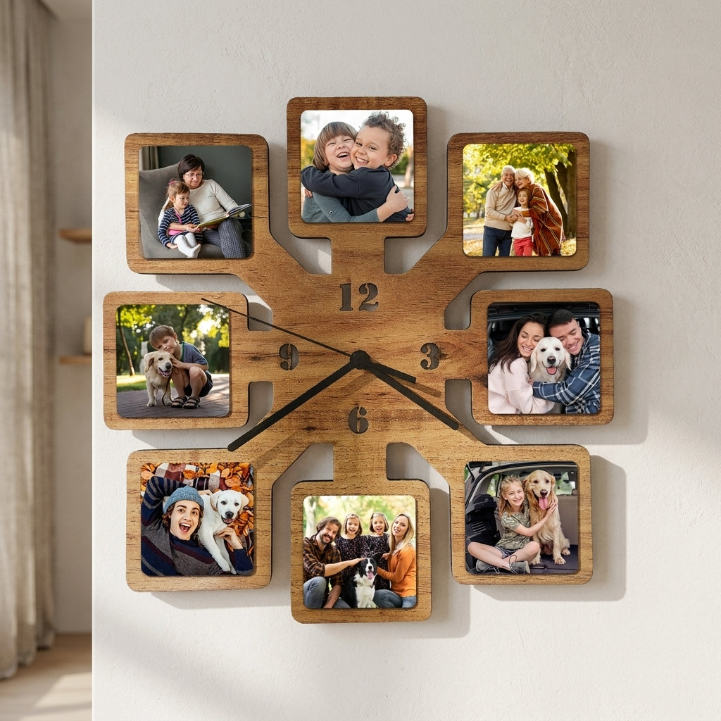 Wooden wall clock with photo frames displaying family and pet pictures.