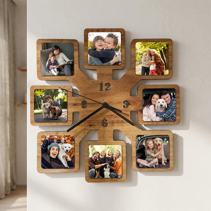 Wooden wall clock with photo frames displaying family and pet pictures.