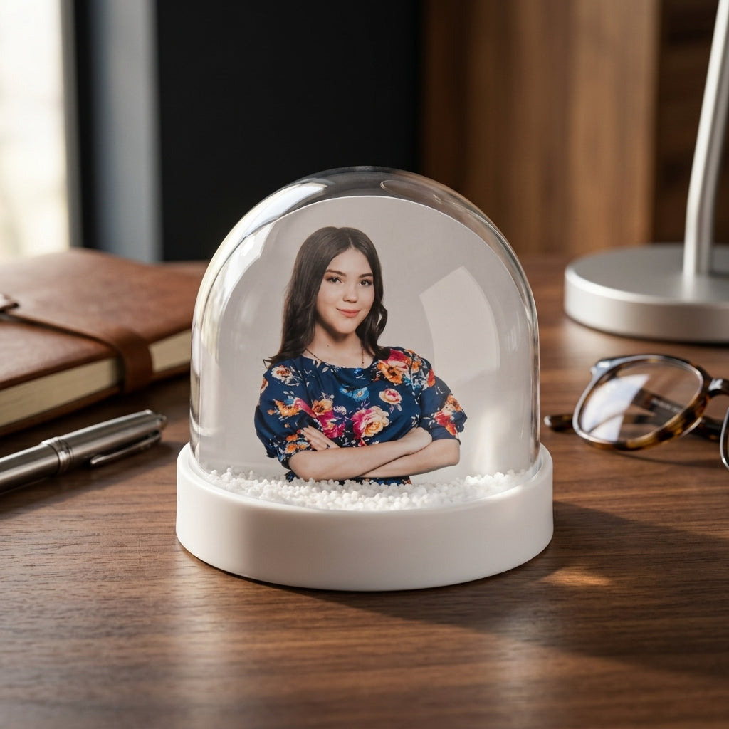 Snow globe with a photo of a woman on a wooden desk with glasses and a pen.